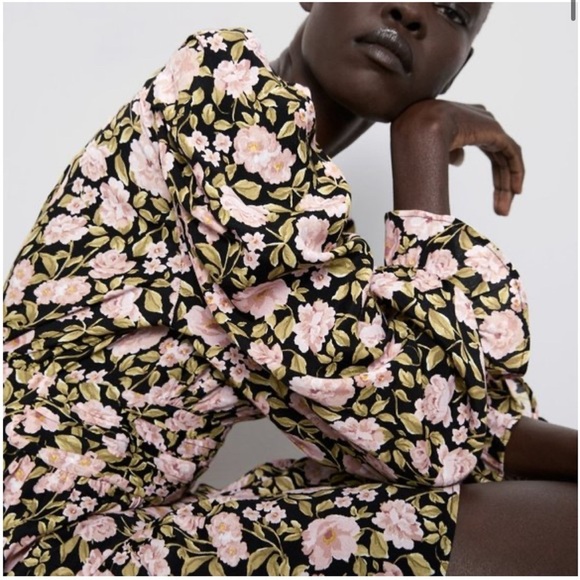 ZARA NWOT Puff Sleeves Floral Print Mini Dress Open Back, Size L - Picture 4 of 14